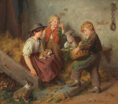 Children with the rabbits in the stable in living room