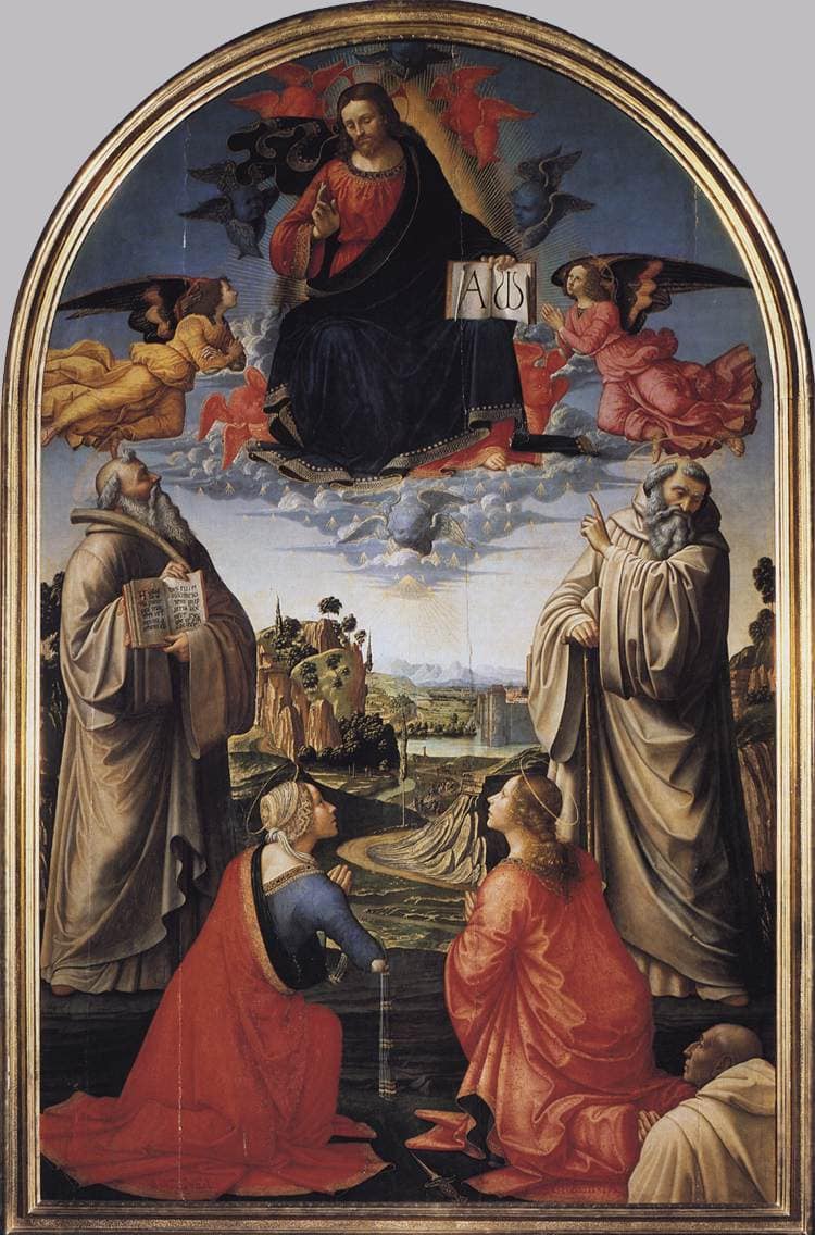 Christ in Glory with St. Benedict (c.480-547), St. Romuald (c.952-1027), St. Attinia, St. Grecinia and the donor, abbot Buonvicini by Domenico Ghirlandaio — Oil Painting Reproduction