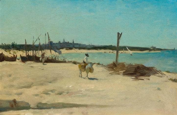Coastal landscape with a donkey and rider by Alfred Dehodencq — Oil Painting Reproduction