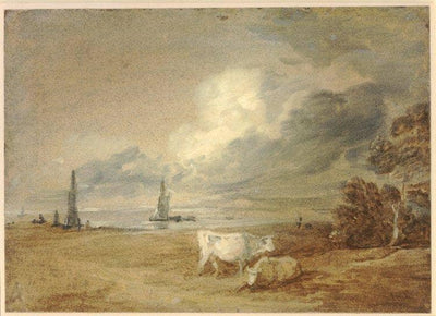 Coastal scene with shipping, figures and cows in hallway