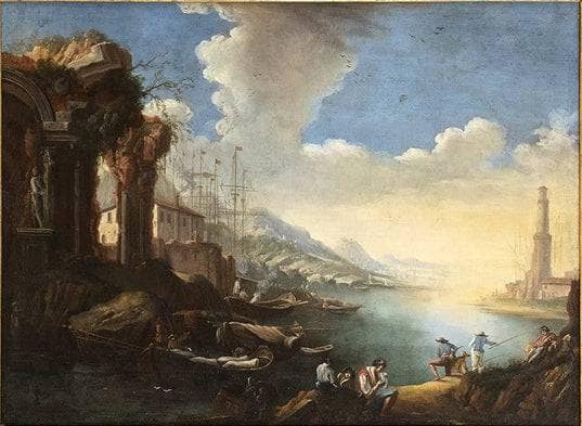 Coastal view with boats, fishermen and lighthouse in the background by Claude Lorrain — Oil Painting Reproduction