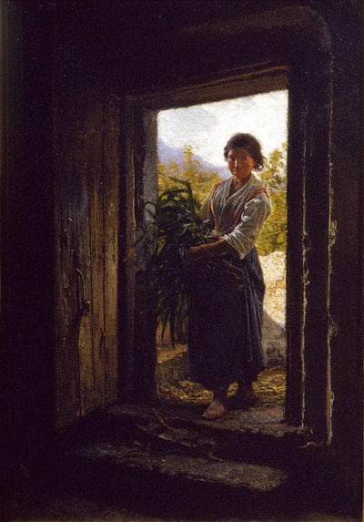 Peasant woman with sheaf of grass at the entrance of a door in living room