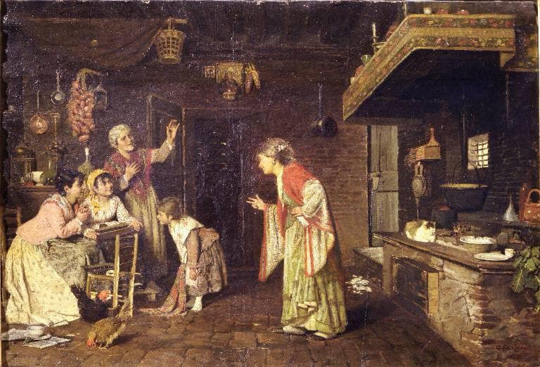 Conversation between women and girls in the kitchen of a peasant house by Giacomo Favretto — Oil Painting Reproduction