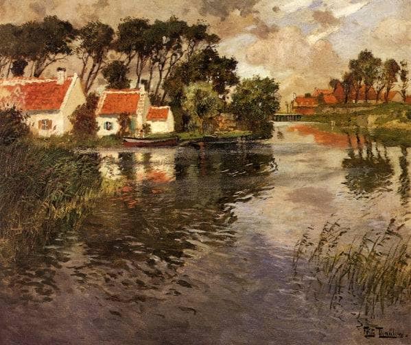 Cottages by a River by Frits Thaulow — Oil Painting Reproduction