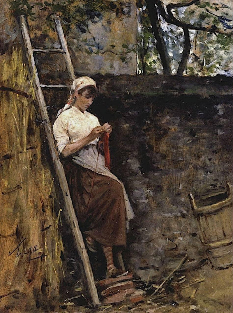 Country girl leaning against a ladder by Silvestro Lega — Oil Painting Reproduction