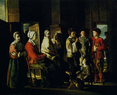 Country interior with the young player of flageolet in bedroom