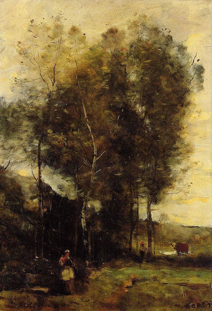 Cowherd in a Dell, Souvenir of Brittany by Camille Corot — Oil Painting Reproduction