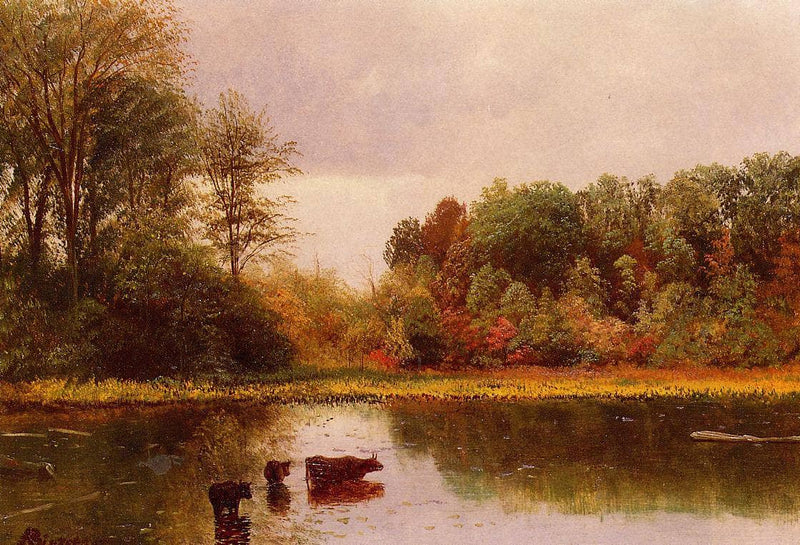 Cows Watering in a Landscape by Albert Bierstadt — Oil Painting Reproduction