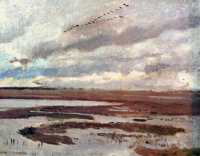 Cranes, Landscape from Meadow by Józef CheÅmoÅski — Oil Painting Reproduction