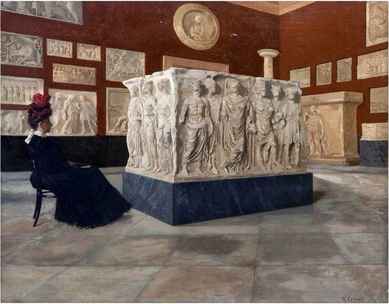 Dame visiting the National Museum of Naples, contemplates the Pozzuoli Base by Vittorio Matteo Corcos — Oil Painting Reproduction