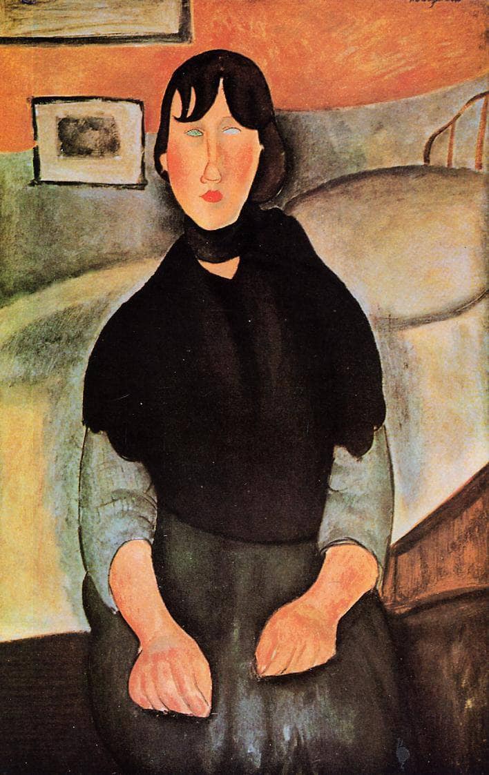 Dark Young Woman Seated by a Bed by Amedeo Modigliani — Oil Painting Reproduction