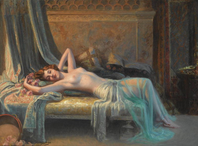 Reclining nude with a bouquet of roses by Delphin Enjolras — Oil Painting Reproduction