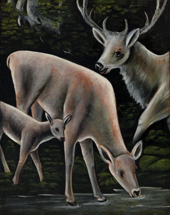 Deer family at waterhole by Niko Pirosmani — Oil Painting Reproduction