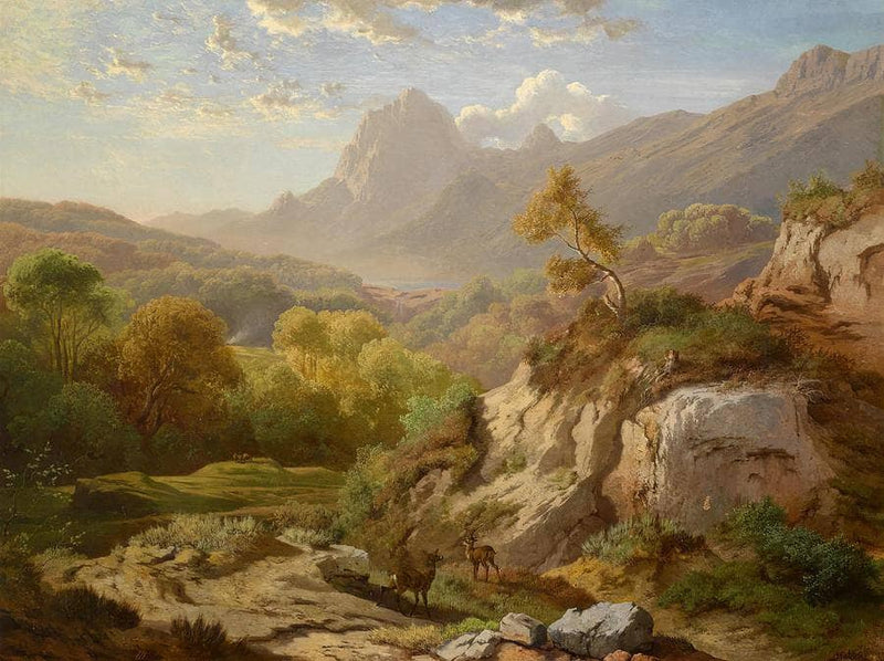 Deer in a wide mountain by Albert Zimmermann — Oil Painting Reproduction