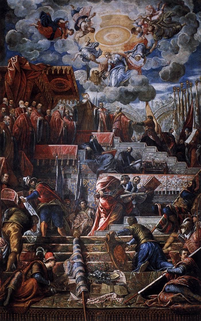 Doge Nicolò da Ponte Receiving a Laurel Crown from Venice by Tintoretto — Oil Painting Reproduction