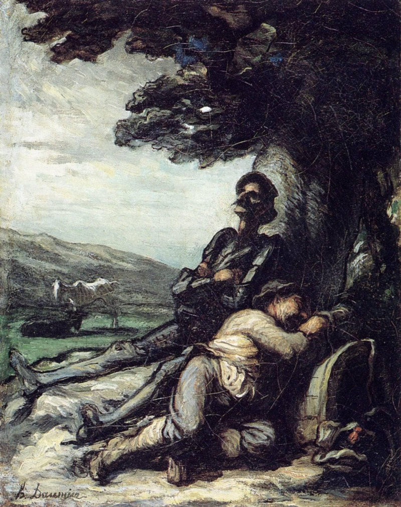 Don Quixote and Sancho Pansa Having a Rest under a Tree by Honore Daumier — Oil Painting Reproduction