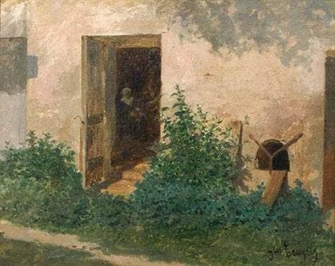 Door open to the garden by Jules Trayer — Oil Painting Reproduction