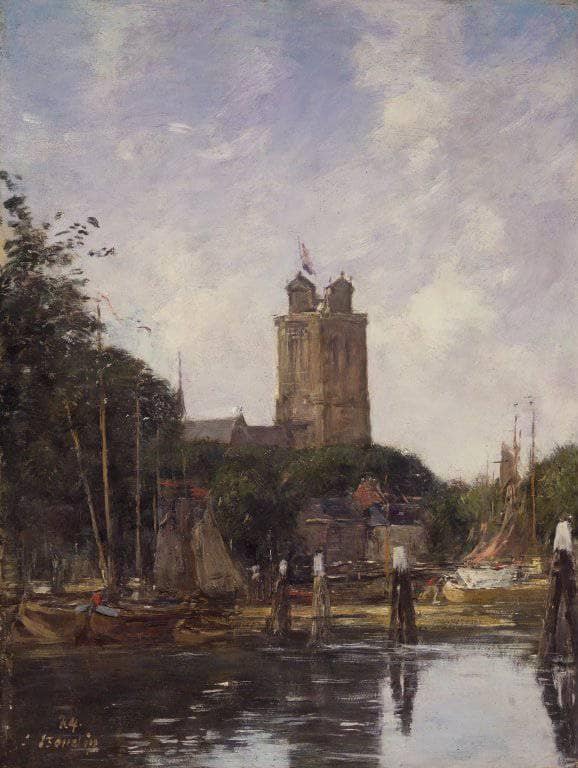 Dordrecht, The Great Church from the Canal by Eugene Boudin — Oil Painting Reproduction