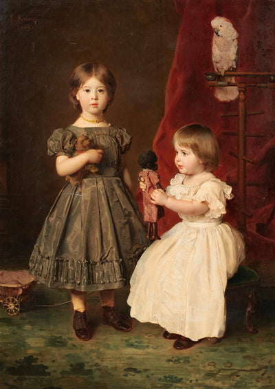 Double portrait of the artist's daughters, Marie and Hedwig Knaus in dining room