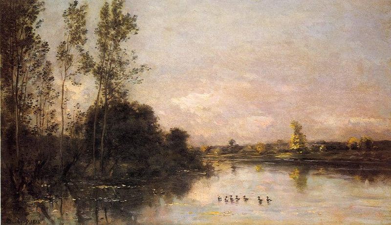 Ducklings in a River Landscape by Charles-Francois Daubigny — Oil Painting Reproduction