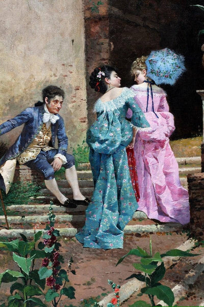 Two ladies and a gentleman strolling through a classical architectural landscape in entryway