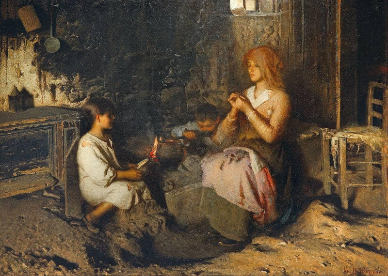 Eating near the hearth by Noè Bordignon — Oil Painting Reproduction