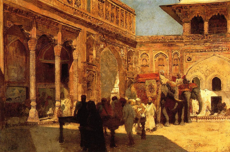 Elephants and Figures in a Courtyard, Fort Agra by Edwin Lord Weeks — Oil Painting Reproduction