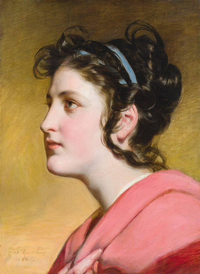 Elise Kreuzberger, profile with blue ribbon and loose hair in home office