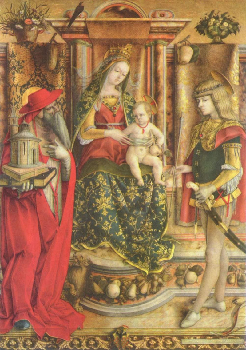 Enthroned Madonna, Saint Jerome, and St. Sebastian by Carlo Crivelli — Oil Painting Reproduction