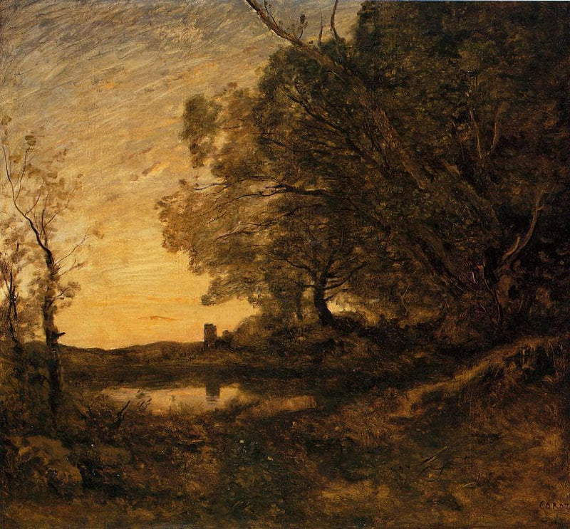 Evening Distant Tower by Camille Corot — Oil Painting Reproduction