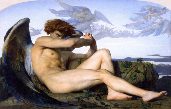The Fallen Angel by Alexandre Cabanel, a nude young Lucifer lying on the ground, arms over his face, angels flying above.