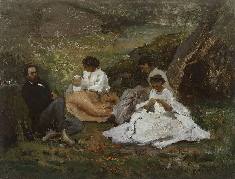 Family reunion in Bourron-Marlotte (Théodore de Banville in the forest of Fontainebleau) by Jules Breton — Oil Painting Reproduction