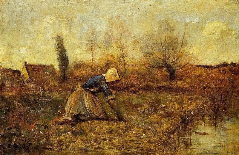 Farmer Kneeling Picking Dandelions by Camille Corot — Oil Painting Reproduction