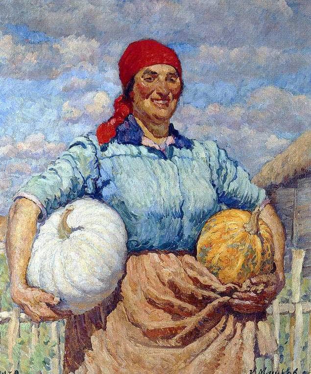 Farmer with pumpkins by Ilya Mashkov — Oil Painting Reproduction