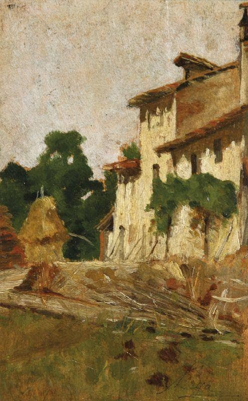 Farmhouse with haystack by Silvestro Lega — Oil Painting Reproduction