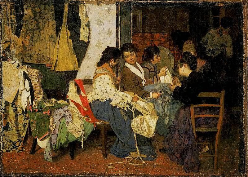 In tailoring (Embroiderers) by Giacomo Favretto — Oil Painting Reproduction