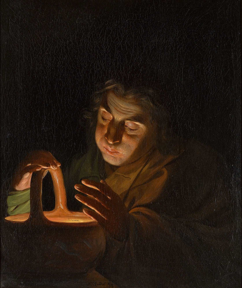 A man blowing on a lamp by Martin Ferdinand Quadal — Oil Painting Reproduction
