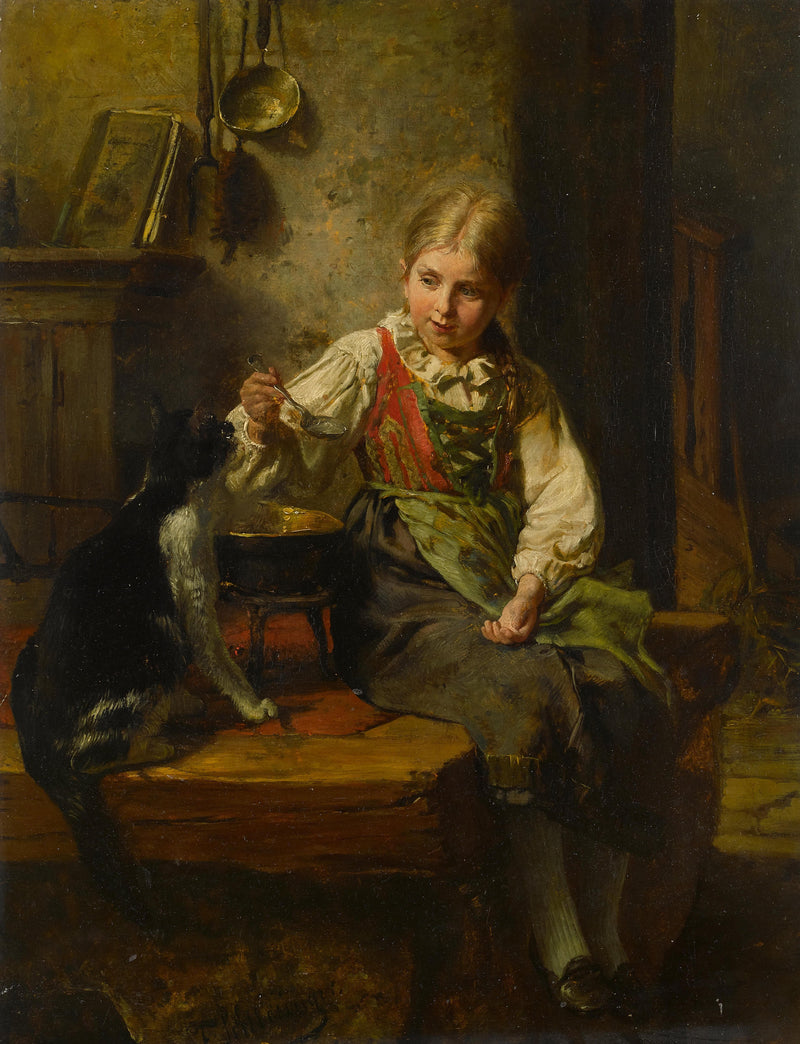 Feeding the cat by Felix Schlesinger — Oil Painting Reproduction