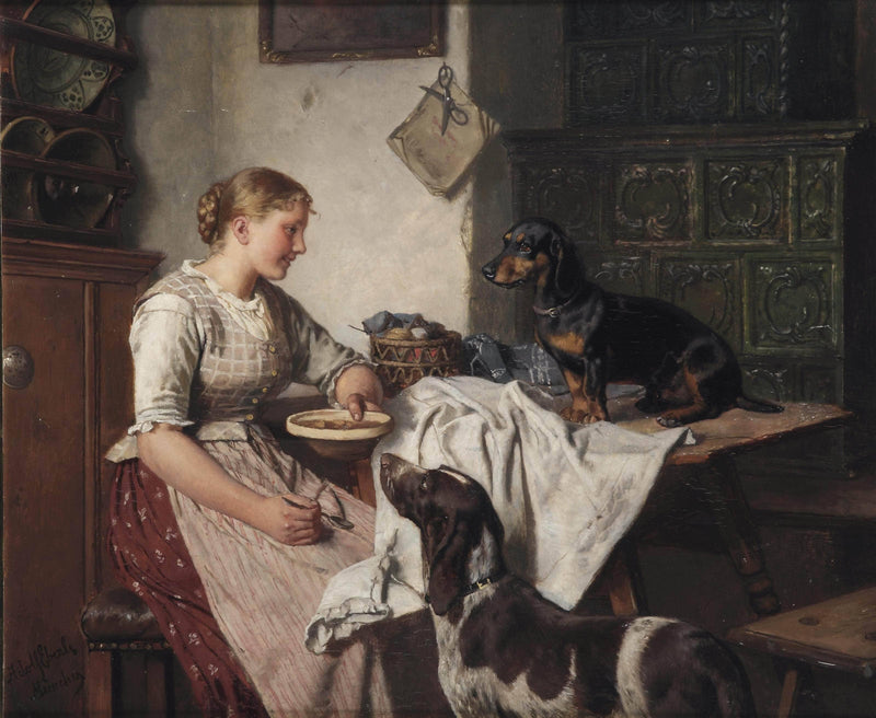 Feeding the dogs by Adolf Eberle — Oil Painting Reproduction