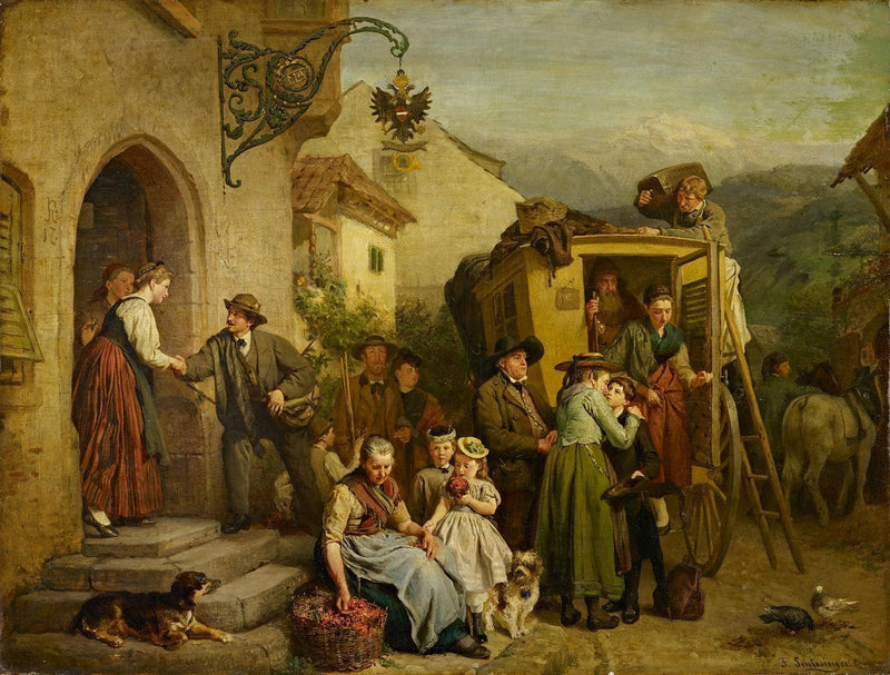 The arrival of the stagecoach by Felix Schlesinger — Oil Painting Reproduction