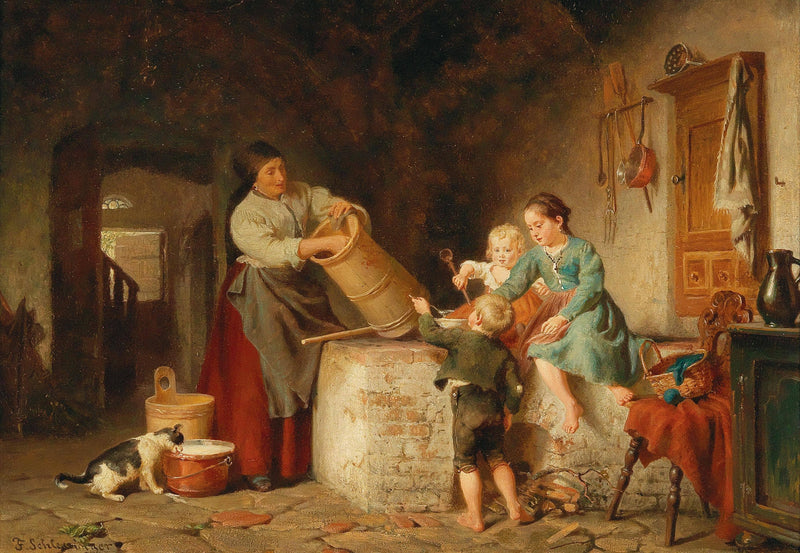 Hardworking helpers in the kitchen by Felix Schlesinger — Oil Painting Reproduction
