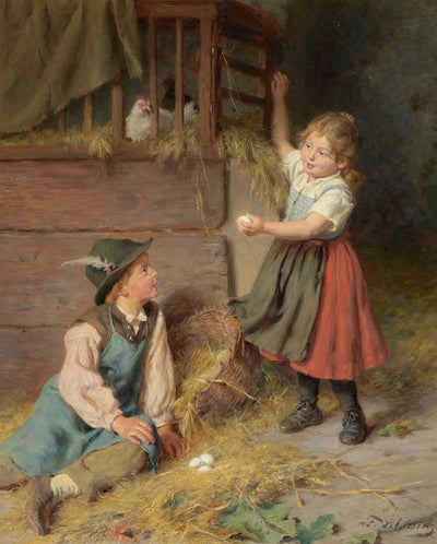 Children collecting eggs in kitchen