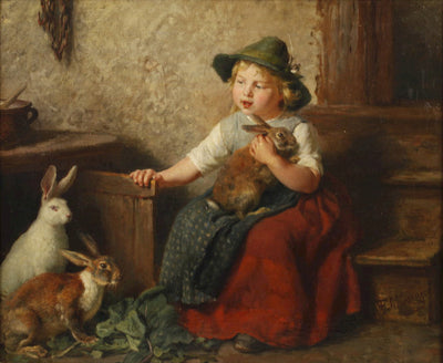 Girl with rabbits in study