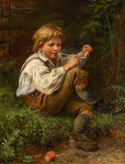 Boy smoking a pipe in home office