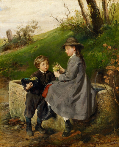 Two children at the fountain in bedroom