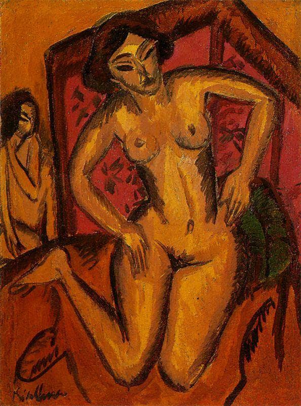 Female Nude Kneeling before a Red Screen by Ernst Ludwig Kirchner — Oil Painting Reproduction