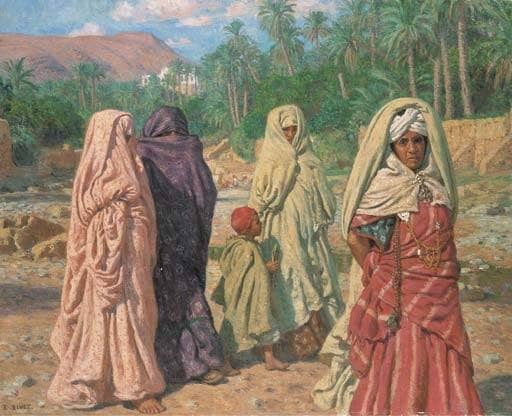 Women crossing the dry bed of the Bou-Saâda wadi by Nasreddine Dinet — Oil Painting Reproduction