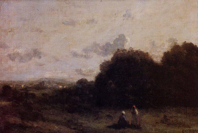 Fields with a Village on the Horizon, Two Figures in the Foreground by Camille Corot — Oil Painting Reproduction