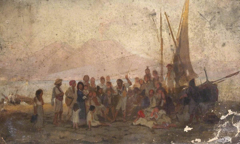 Figures by a Boat (Bay of Naples, with Vesuvius Behind) by Thomas Stuart Smith — Oil Painting Reproduction