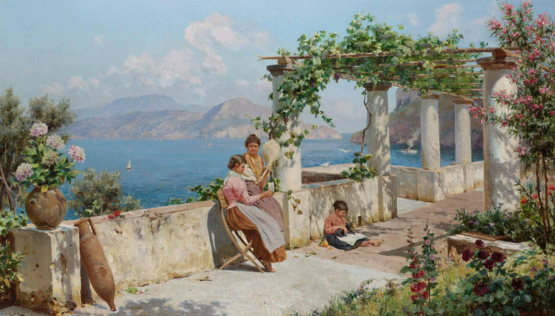 Figures on a terrace in Capri by Robert Alott — Oil Painting Reproduction